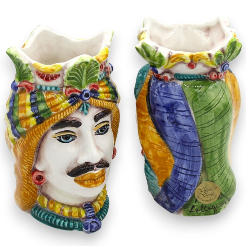 Cabezas de moro sicilianas con corona y turbante (par) de 13/14 cm de altura aprox. Cerámica de Caltagirone MD20 - 