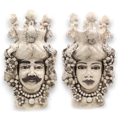 Sizilianische Mohrenköpfe (Paar) H ca. 40 cm, Caltagirone Keramik, mit Krone und Applikationen