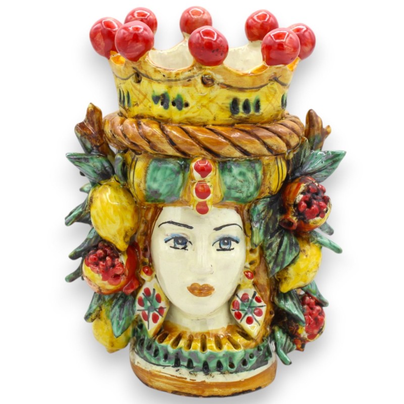 Janus-Bifrons-Kopf mit zwei Gesichtern aus Caltagirone-Keramik, Höhe ca. 21 cm, mit Krone, Zopf und gemischtem Obst MD8 