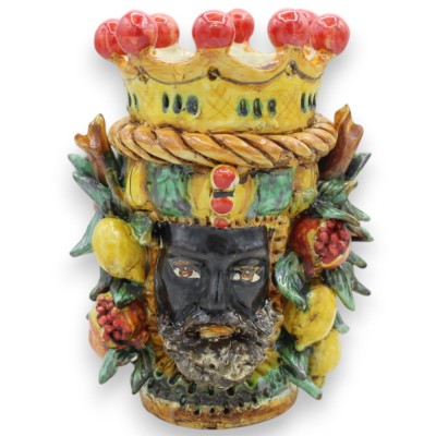 Janus Bifrons hoofd met twee gezichten in Caltagirone keramiek h ca. 21 cm met kroon, vlechtwerk en gemengd fruit MD8 - 