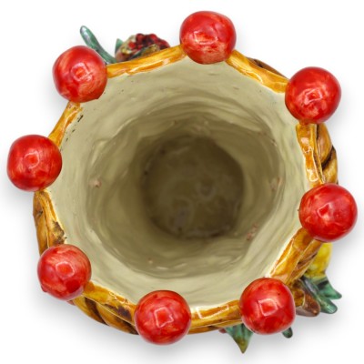 Janus Bifrons hoofd met twee gezichten in Caltagirone keramiek h ca. 21 cm met kroon, vlechtwerk en gemengd fruit MD8 - 