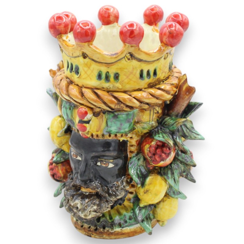 Janus Bifrons hoofd met twee gezichten in Caltagirone keramiek h ca. 21 cm met kroon, vlechtwerk en gemengd fruit MD8 - 