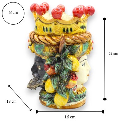Janus Bifrons hoofd met twee gezichten in Caltagirone keramiek h ca. 21 cm met kroon, vlechtwerk en gemengd fruit MD8 - 