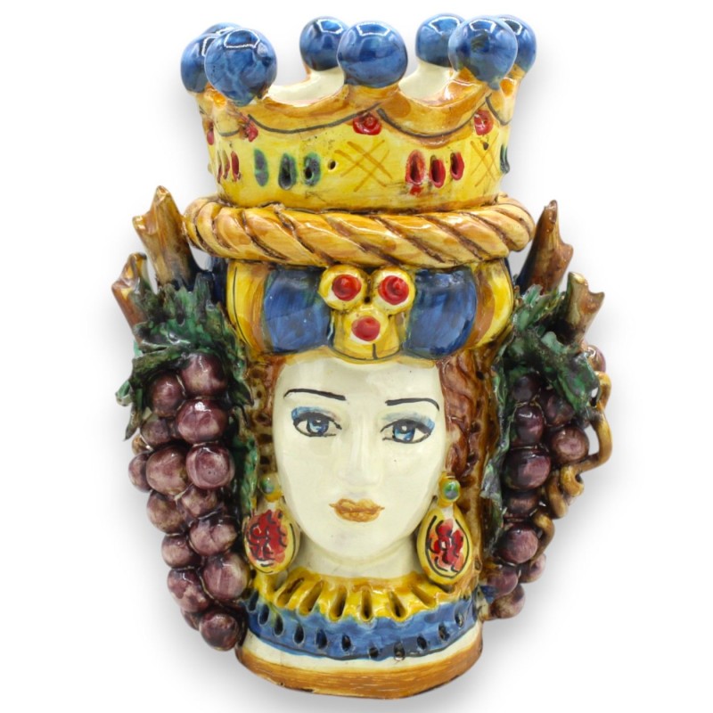 Janus Bifrons hoofd met twee gezichten in Caltagirone keramiek h ca. 21 cm met kroon, vlechtwerk en druiven MD4 - 