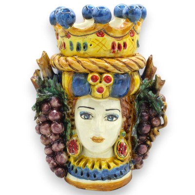 Giano Bifronte testa con due volti in ceramica Caltagirone h 21 cm ca. con corona, treccia e Uva MD4 - 