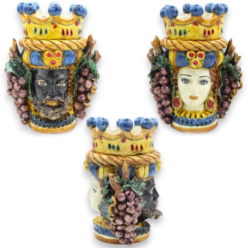 Giano Bifronte testa con due volti in ceramica Caltagirone h 21 cm ca. con corona, treccia e Uva MD4 - 