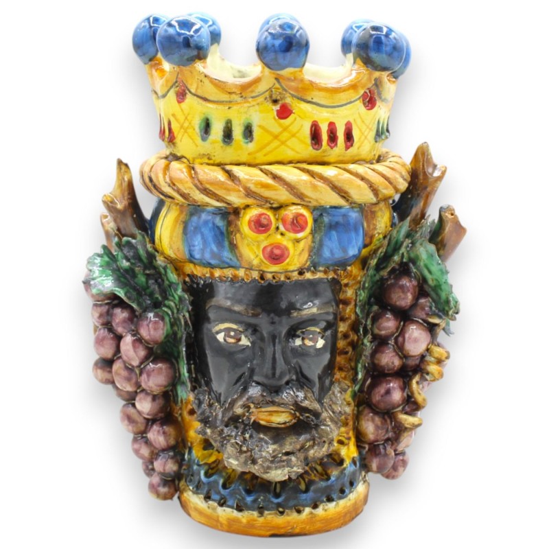 Janus Bifrons Kopf mit zwei Gesichtern aus Caltagirone-Keramik, Höhe ca. 21 cm, mit Krone, Zopf und Trauben MD4 - 