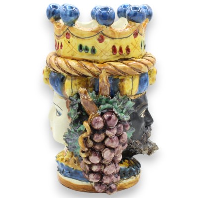 Cabeza de Jano Bifrons con dos caras en cerámica de Caltagirone h 21 cm aprox. con corona, trenza y uvas MD4 - 