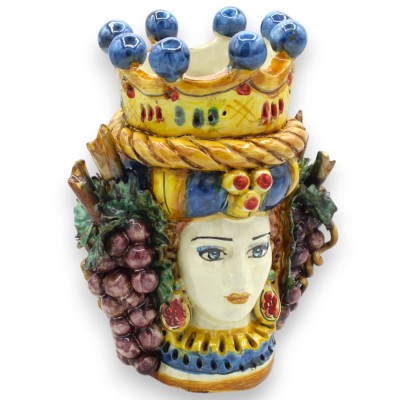 Janus Bifrons Kopf mit zwei Gesichtern aus Caltagirone-Keramik, Höhe ca. 21 cm, mit Krone, Zopf und Trauben MD4 - 