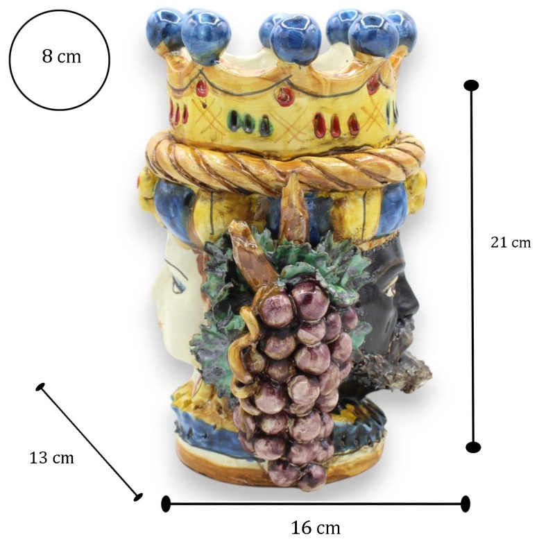 Cabeza de Jano Bifrons con dos caras en cerámica de Caltagirone h 21 cm aprox. con corona, trenza y uvas MD4 - 