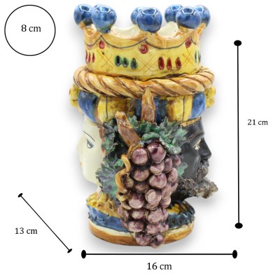 Cabeza de Jano Bifrons con dos caras en cerámica de Caltagirone h 21 cm aprox. con corona, trenza y uvas MD4 - 