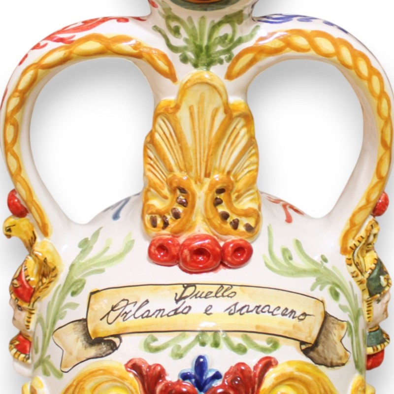 Bummulo vase h 75 x 26 cm approx. Caltagirone ceramic, "Orlando and Saracen duel" scene, embossed decorations - 