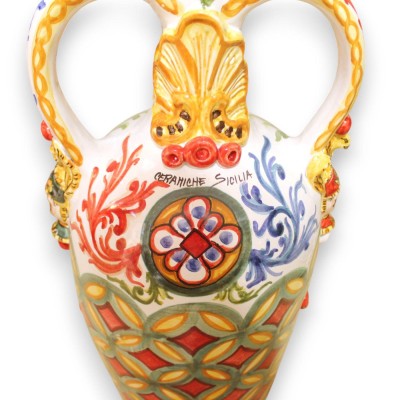 Bummulo vase h 75 x 26 cm approx. Caltagirone ceramic, "Orlando and Saracen duel" scene, embossed decorations - 