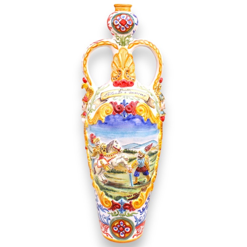 Bummulo vase h 75 x 26 cm approx. Caltagirone ceramic, "Orlando and Saracen duel" scene, embossed decorations - 