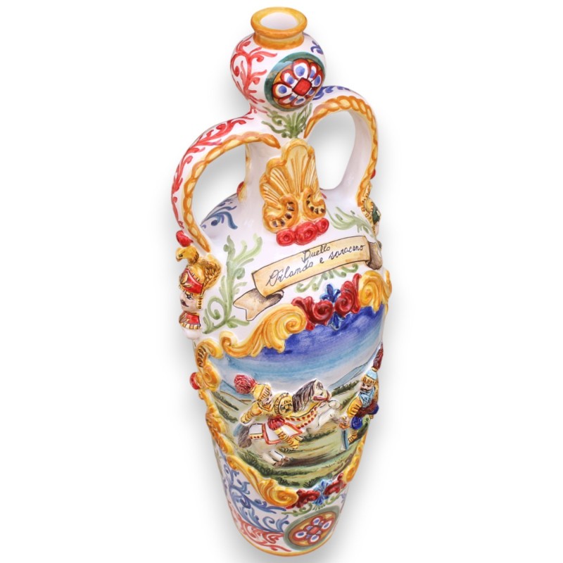 Bummulo vase h 75 x 26 cm approx. Caltagirone ceramic, "Orlando and Saracen duel" scene, embossed decorations - 