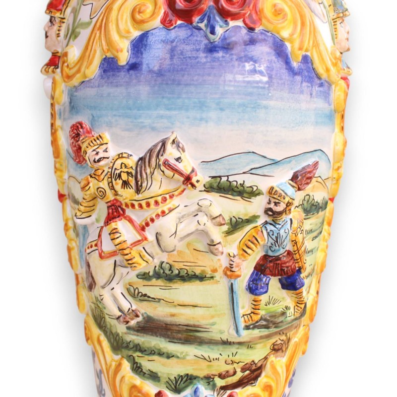 Bummulo vase h 75 x 26 cm approx. Caltagirone ceramic, "Orlando and Saracen duel" scene, embossed decorations - 