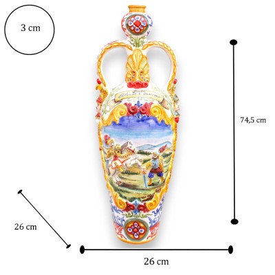 Bummulo vase h 75 x 26 cm approx. Caltagirone ceramic, "Orlando and Saracen duel" scene, embossed decorations - 