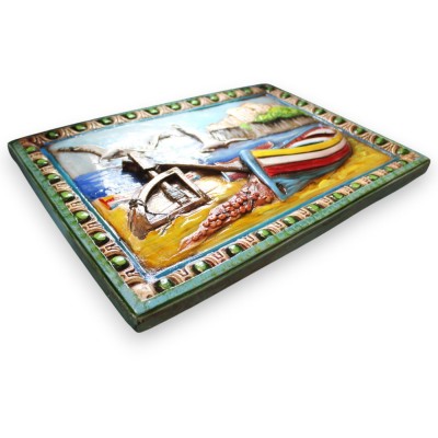 Tableau 100 % fait main, h 36 x 50 cm environ. Représentant un paysage marin, décors en relief. - 