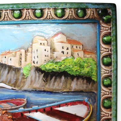 Tableau 100 % fait main, h 36 x 50 cm environ. Représentant un paysage marin, décors en relief. - 