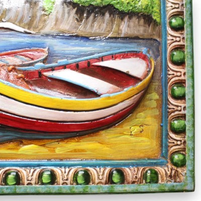 Tableau 100 % fait main, h 36 x 50 cm environ. Représentant un paysage marin, décors en relief. - 