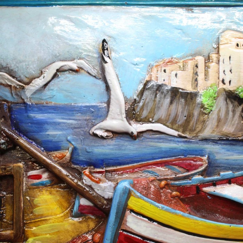 100 % handgefertigtes Gemälde, H 36 x 50 cm ca. Darstellung einer Meereslandschaft, geprägte Verzierungen - 