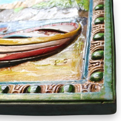 Tableau 100 % fait main, h 36 x 50 cm environ. Représentant un paysage marin, décors en relief. - 