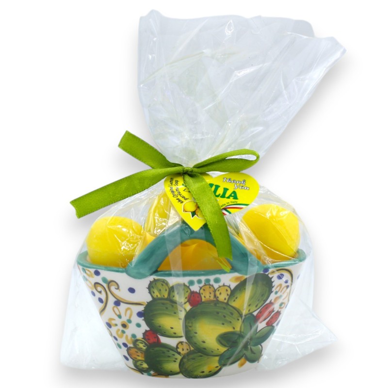 Coffa siciliana in ceramica, L 12 x 9 cm ca. Cinque Saponi vegetali al Limone, decoro tema siciliano - 