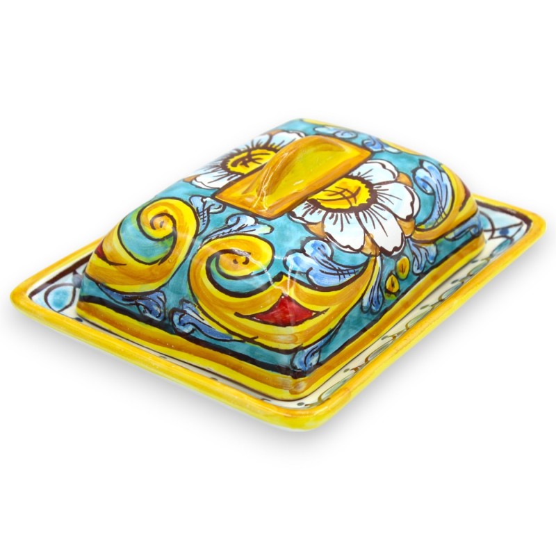 Caltagirone ceramic butter dish, L 18 x 14 cm approx. Baroque and daisy decoration - 