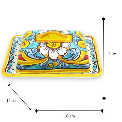 Butterdose aus Keramik von Caltagirone, L ca. 18 x 14 cm, Barock- und Gänseblümchendekor - 