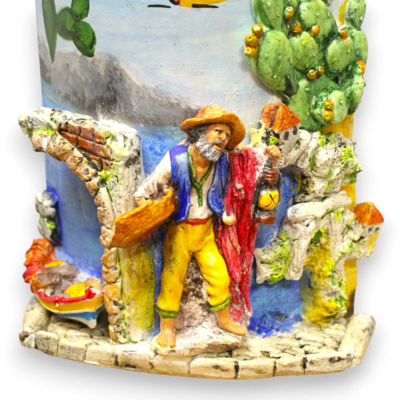 Tegola Gigante 100% Artigianale, h 50 x 20 cm ca. Applicazioni paesaggio portuale e pescatore - 