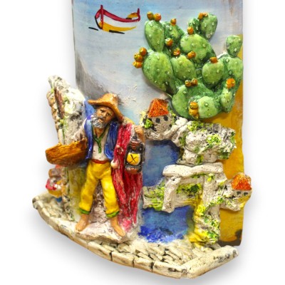 Tegola Gigante 100% Artigianale, h 50 x 20 cm ca. Applicazioni paesaggio portuale e pescatore - 