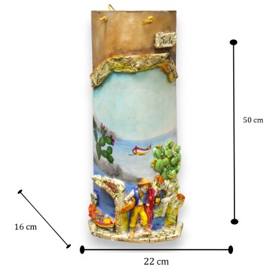 Tegola Gigante 100% Artigianale, h 50 x 20 cm ca. Applicazioni paesaggio portuale e pescatore - 