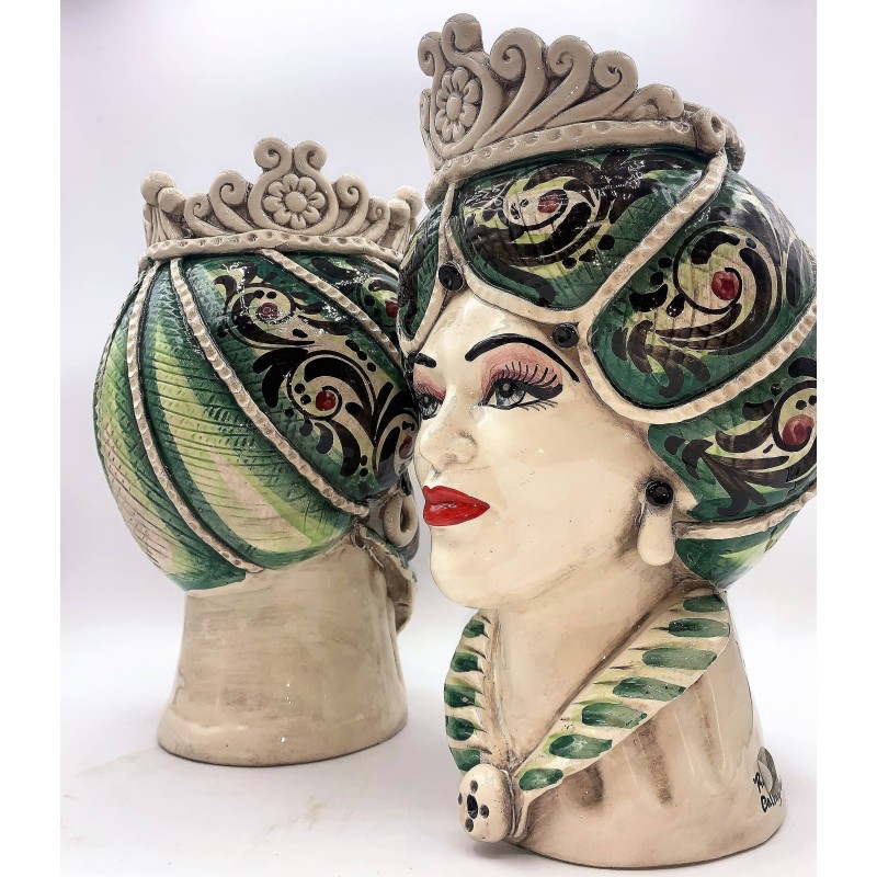 Sizilianischer normannischer Kopf, Modell Caltagirone, Keramik, Höhe 30 cm, Farbe Grün - 