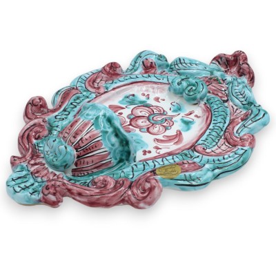 Acquasantiera in ceramica Siciliana - h 30 cm x L 21 cm ca. decoro floreale su fondo verde e bordeaux - 