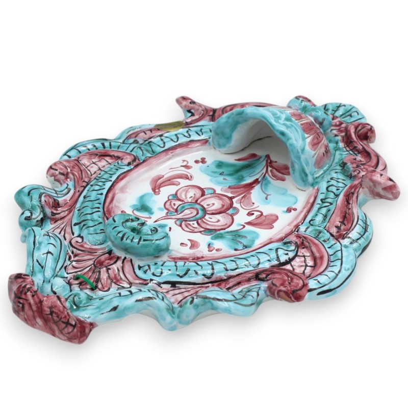 Acquasantiera in ceramica Siciliana - h 30 cm x L 21 cm ca. decoro floreale su fondo verde e bordeaux - 