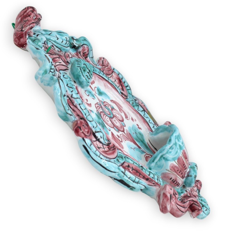 Acquasantiera in ceramica Siciliana - h 30 cm x L 21 cm ca. decoro floreale su fondo verde e bordeaux - 