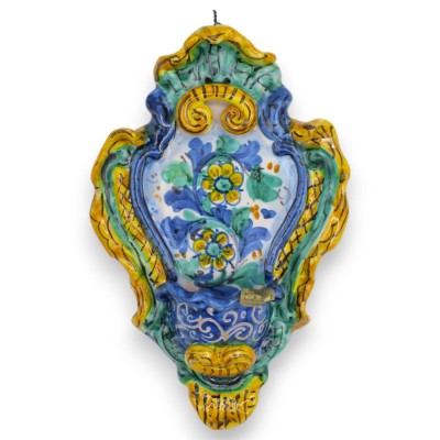 Bénitier en céramique sicilienne - h 23 x l 14 cm environ. Décor baroque et fleur MD11 - 