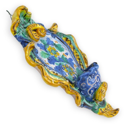 Sicilian ceramic holy water stoup - h 23 x W 14 cm approx. baroque decoration and flower MD11 -  2