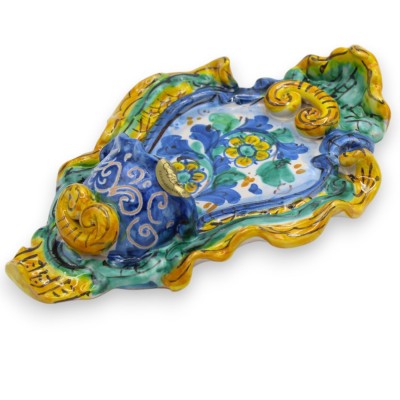 Lavatório de água benta de cerâmica siciliana - altura 23 x largura 14 cm aprox. decoração barroca e flor MD11 - 