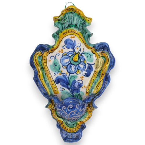Siciliansk keramisk vigvattensstoup - h 23 x 14 cm ca. blå, gul och grön bakgrund, blomsterdekoration MD4 - 