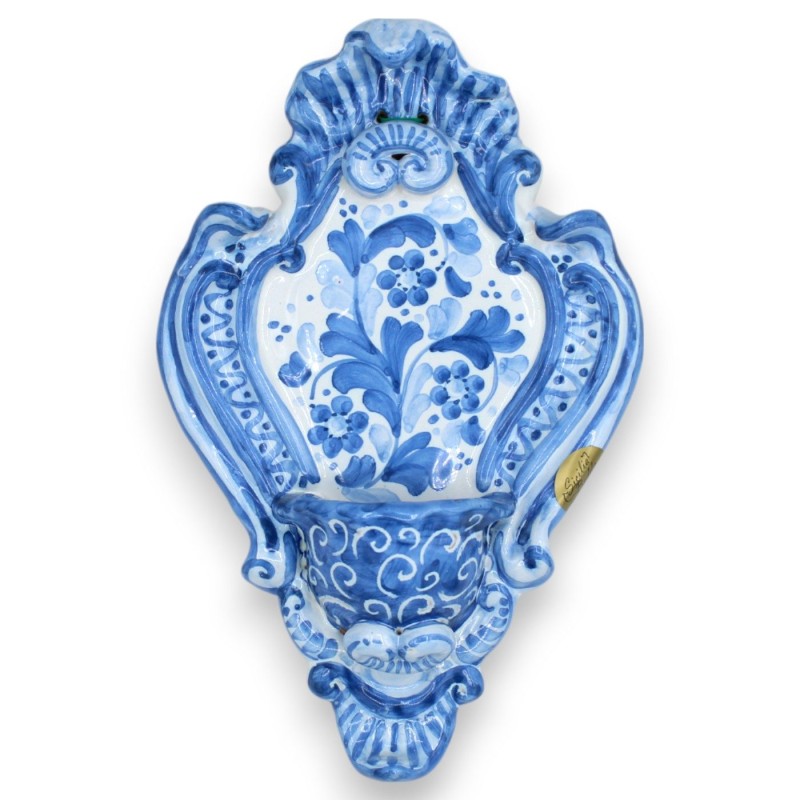 Acquasantiera in ceramica Siciliana - h 23 x 14 cm ca. fondo blu, decoro fiori MD5 - 