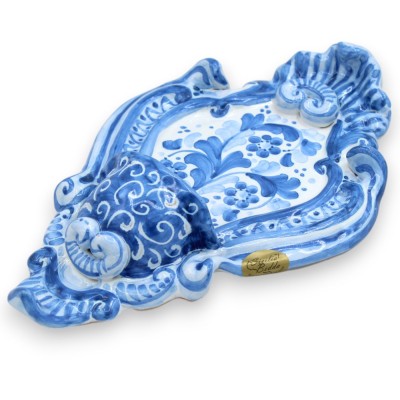 Acquasantiera in ceramica Siciliana - h 23 x 14 cm ca. fondo blu, decoro fiori MD5 - 