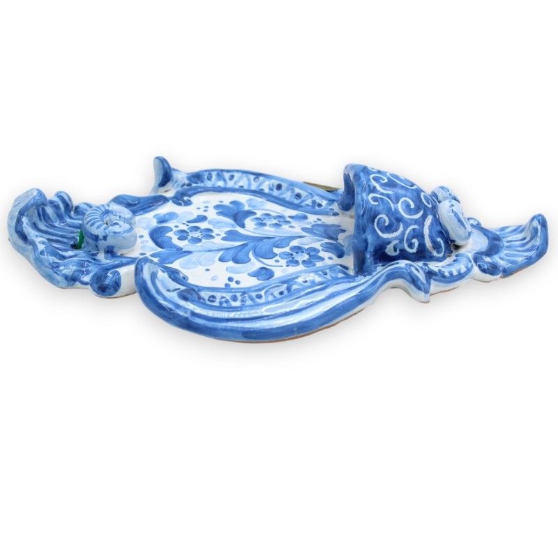 Acquasantiera in ceramica Siciliana - h 23 x 14 cm ca. fondo blu, decoro fiori MD5 - 