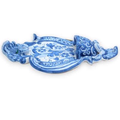 Acquasantiera in ceramica Siciliana - h 23 x 14 cm ca. fondo blu, decoro fiori MD5 - 