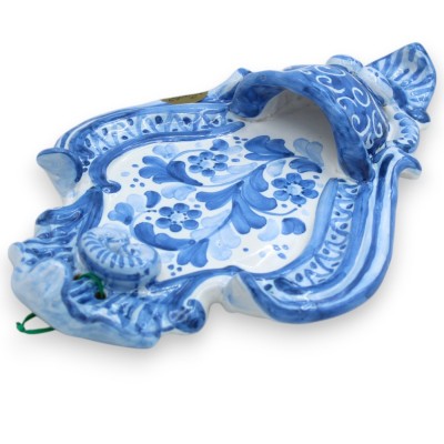 Acquasantiera in ceramica Siciliana - h 23 x 14 cm ca. fondo blu, decoro fiori MD5 - 