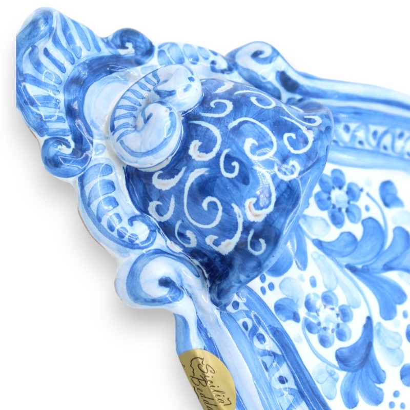 Acquasantiera in ceramica Siciliana - h 23 x 14 cm ca. fondo blu, decoro fiori MD5 - 