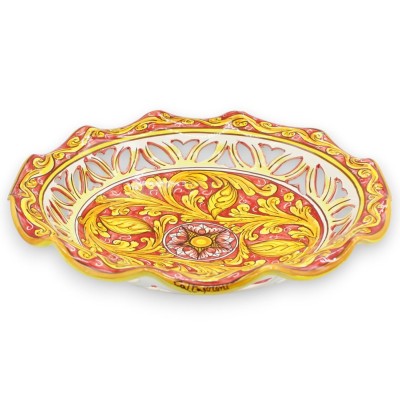 Centrotavola smerlato-traforato ceramica Caltagirone, 2 misure (1Unità) decoro barocco e Fiore, fondo Rosso - Giallo - 