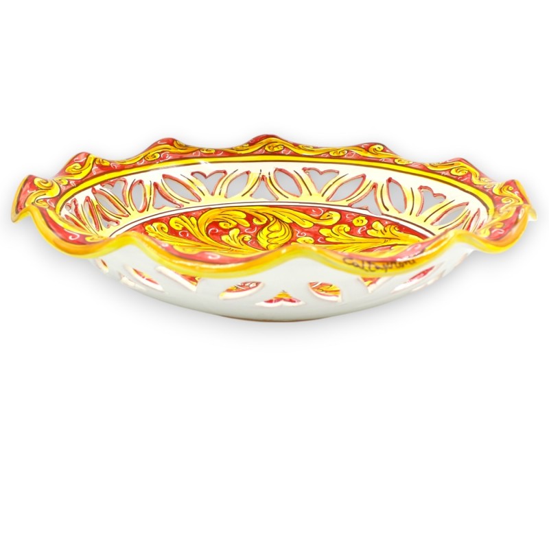 Centrotavola smerlato-traforato ceramica Caltagirone, 2 misure (1Unità) decoro barocco e Fiore, fondo Rosso - Giallo - 