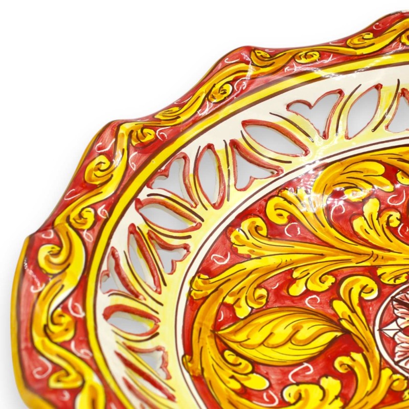 Centrotavola smerlato-traforato ceramica Caltagirone, 2 misure (1Unità) decoro barocco e Fiore, fondo Rosso - Giallo - 