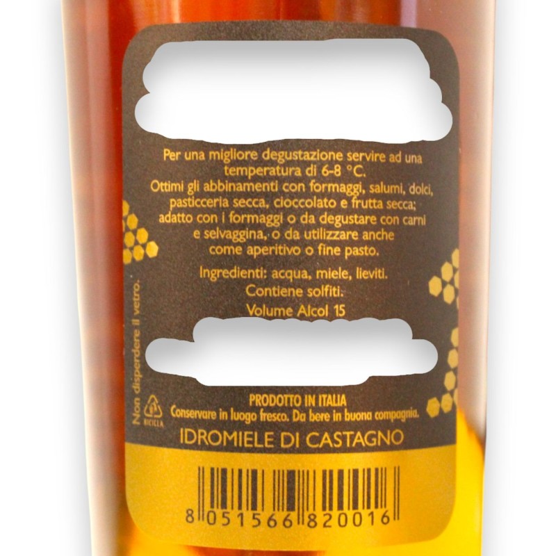 Hydromel fin de châtaigne, produit avec du miel d'abeille noire de Sicile, fermenté pendant 24 mois, Vol. 15% - 500 ml -